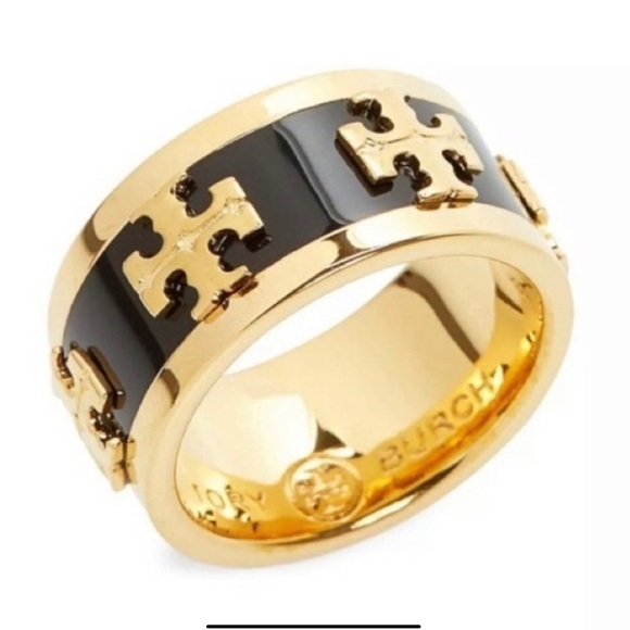 🆕 Tory Burch Authentic Wide Band Black Enamel With Gold Raised Logo Ring 7 - Picture 4 of 10